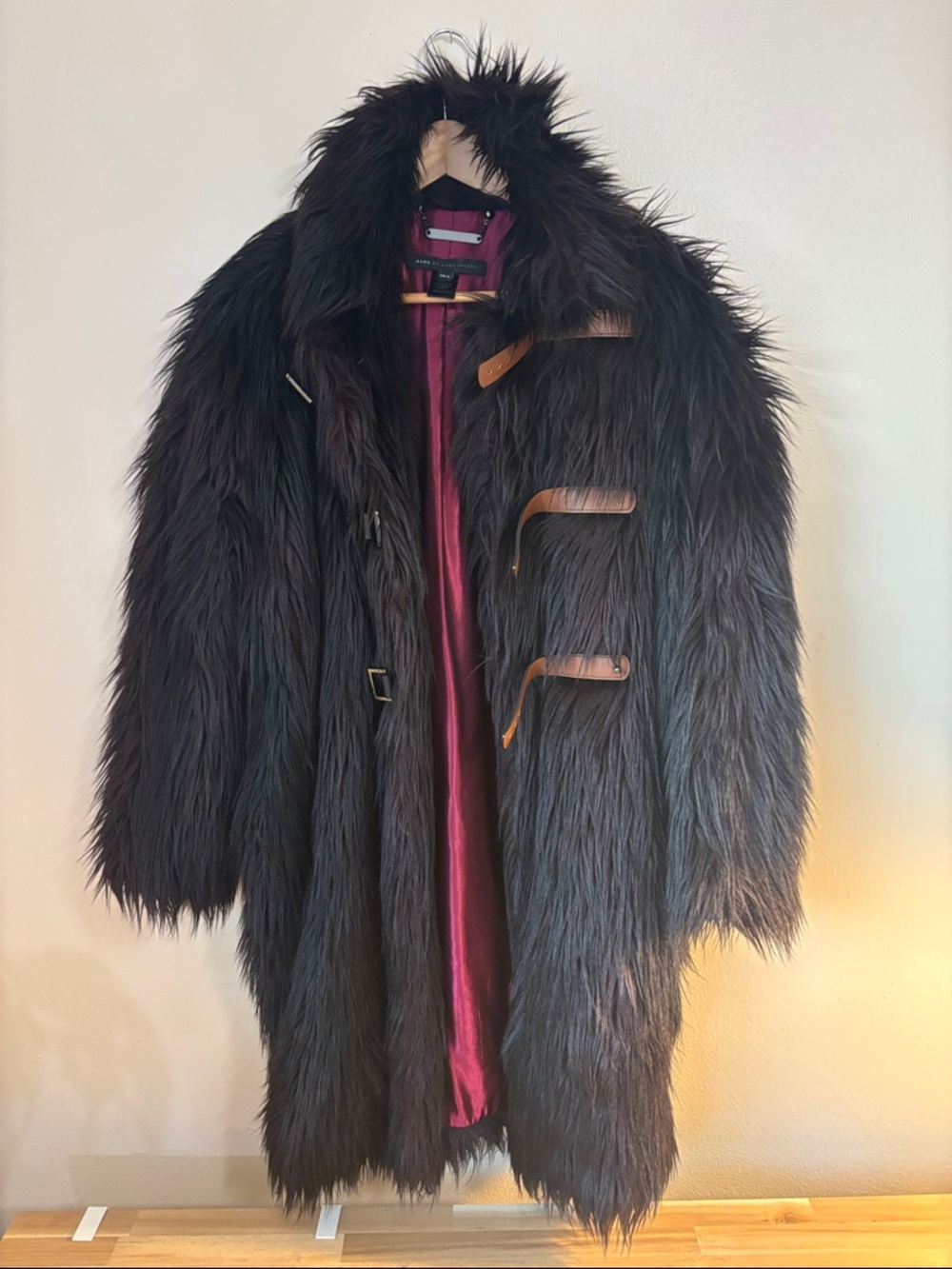 Marc by Marc Jacobs Black Faux Fur Trench Coat with Brown Toggle Straps